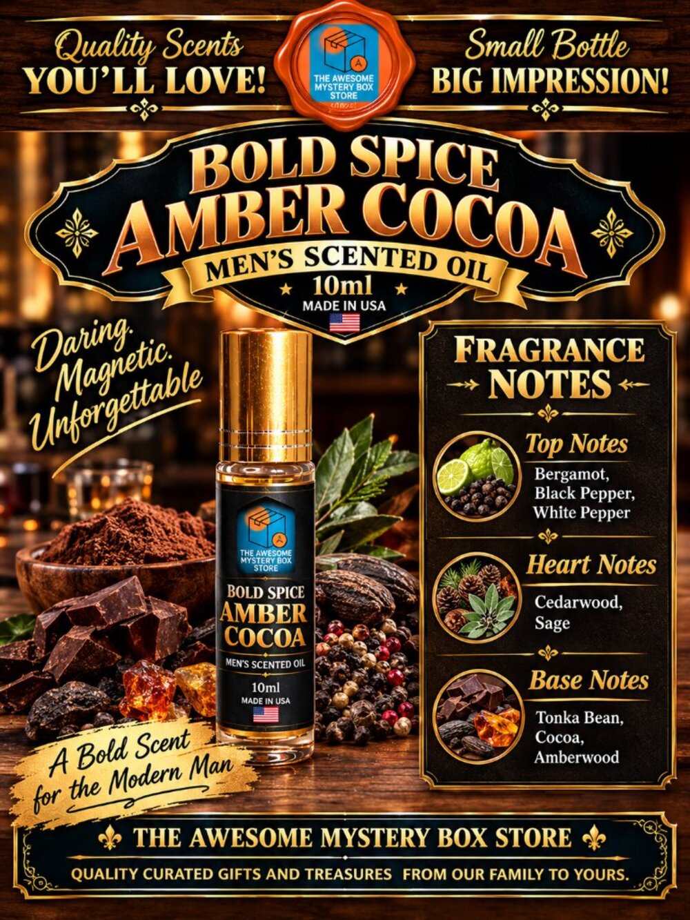 Artisan Bold Spice Amber Scented Oil 10ml Glass Roll-On | Made in USA